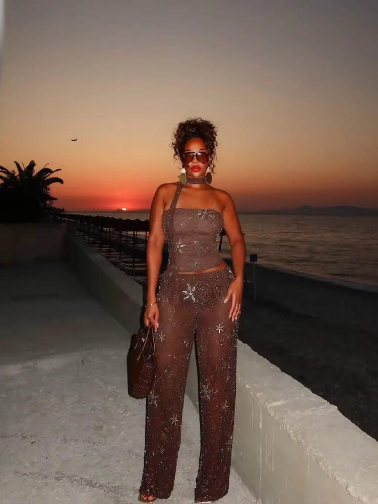 Brown Beaded Halter Top and Cargo Pants Set Brown Beaded Halter Top and Cargo Pants Set — Beaded Top Outfits 2027