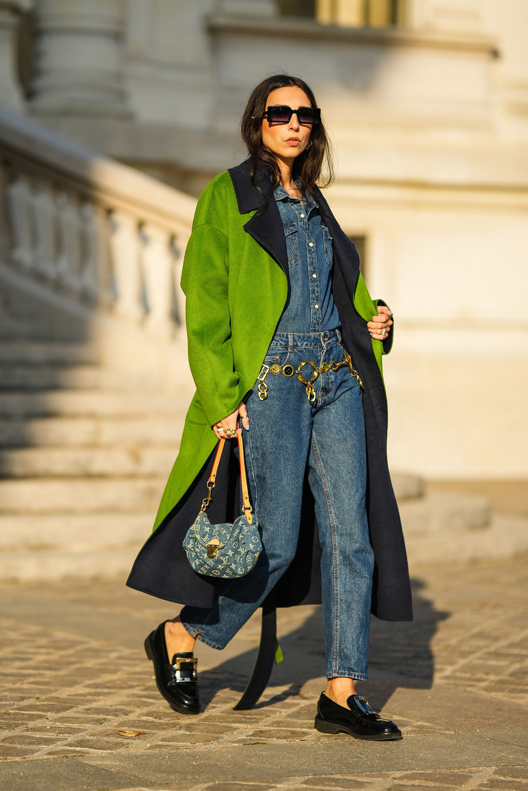 Bold Statement: Loafers with Denim Jumpsuit and Bright Green Coat Bold Statement: Loafers with Denim Jumpsuit and Bright Green Coat — Loafer Outfits 2027