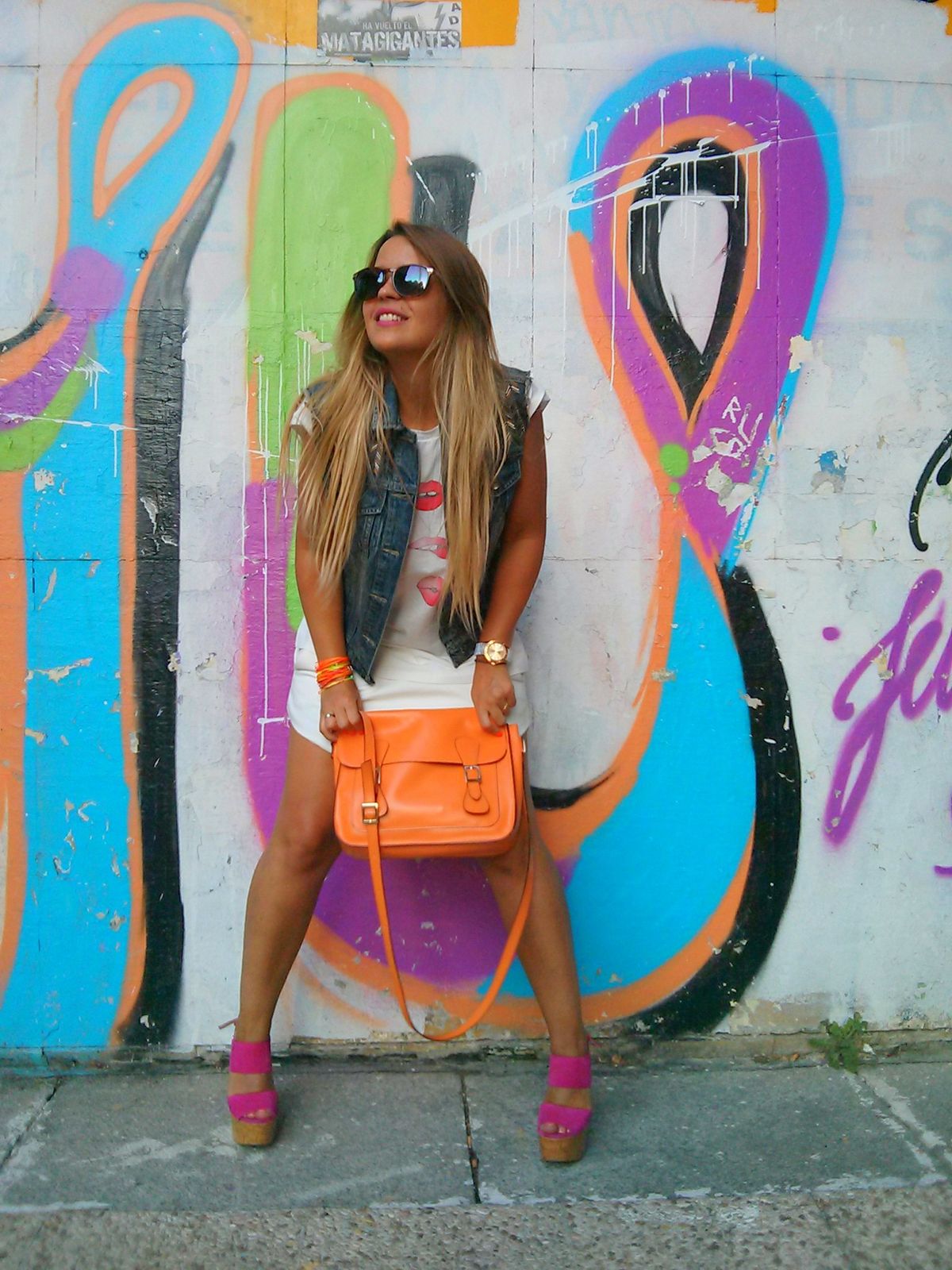 Denim Vest Over White Mini Dress with Orange Bag Denim Vest Over White Mini Dress with Orange Bag — Vest Outfits 2027