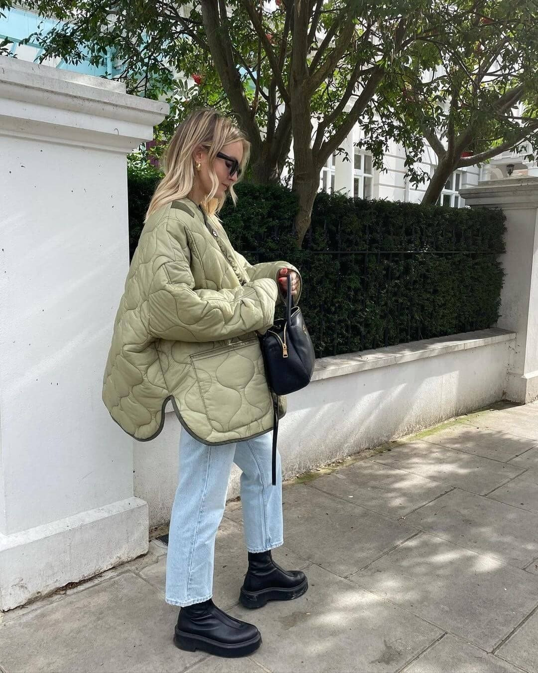 Light Green Quilted Jacket with Denim and Chunky Boots — Winter Outfits 2027 with Puffer