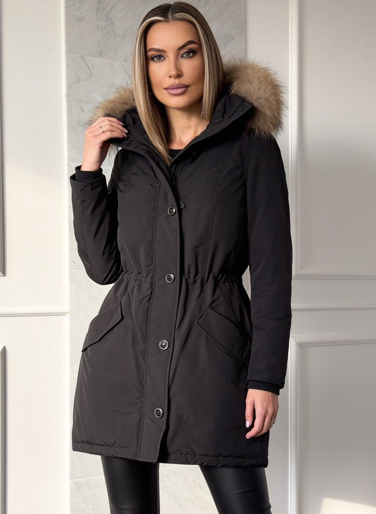 Practical Elegance: Black Parka with Fur-Trimmed Hood Practical Elegance: Black Parka with Fur-Trimmed Hood — Winter Family Photo Outfits 2027