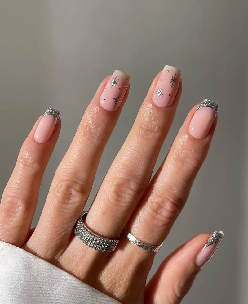 Silver Glitter French Star Nails Silver Glitter French Star Nails — Bridesmaid Nails 2027