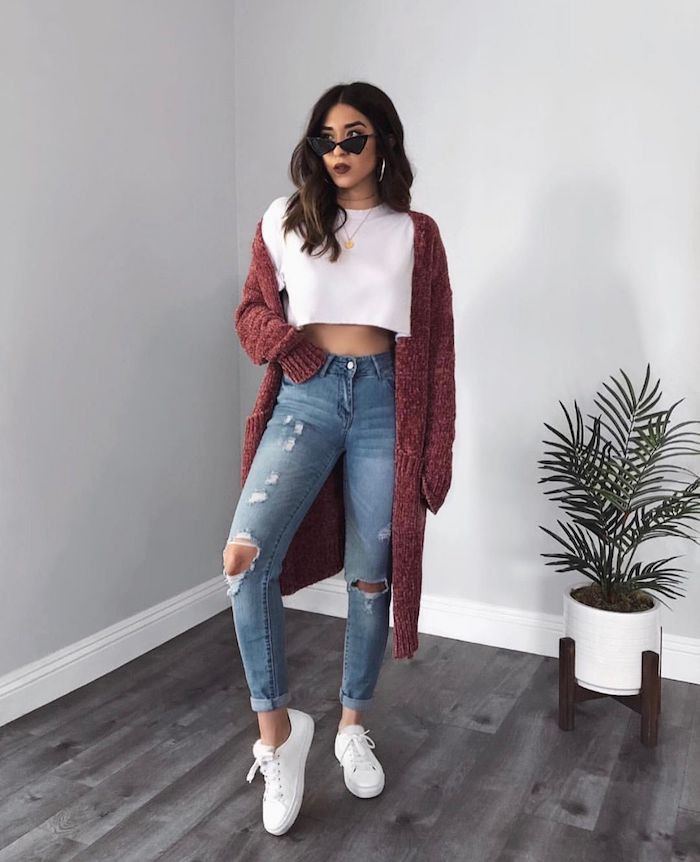 Distressed Denim with Long Knit Cardigan — Tumblr Outfits 2027