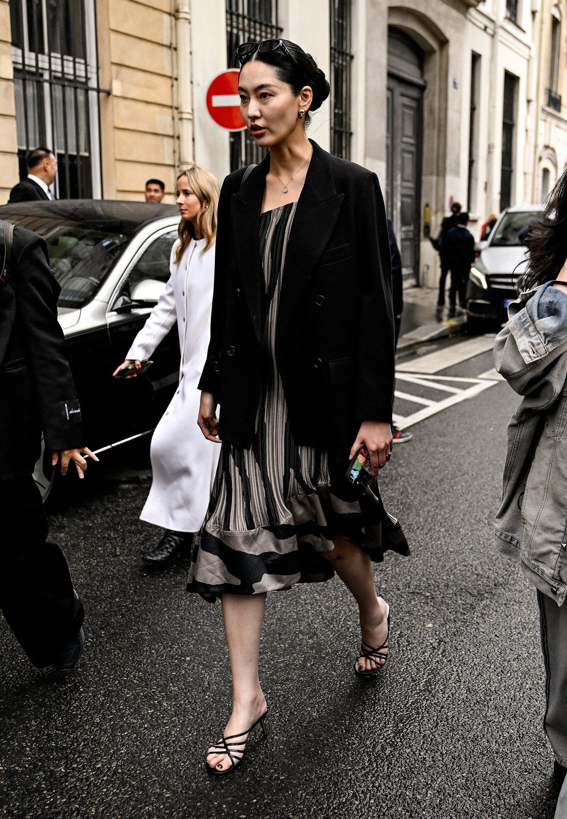 Evening Smart Casual Sophisticated Evening: Black Blazer Over Striped Dress Evening Smart Casual Sophisticated Evening: Black Blazer Over Striped Dress — Spring Outfits 2027 with Blazer