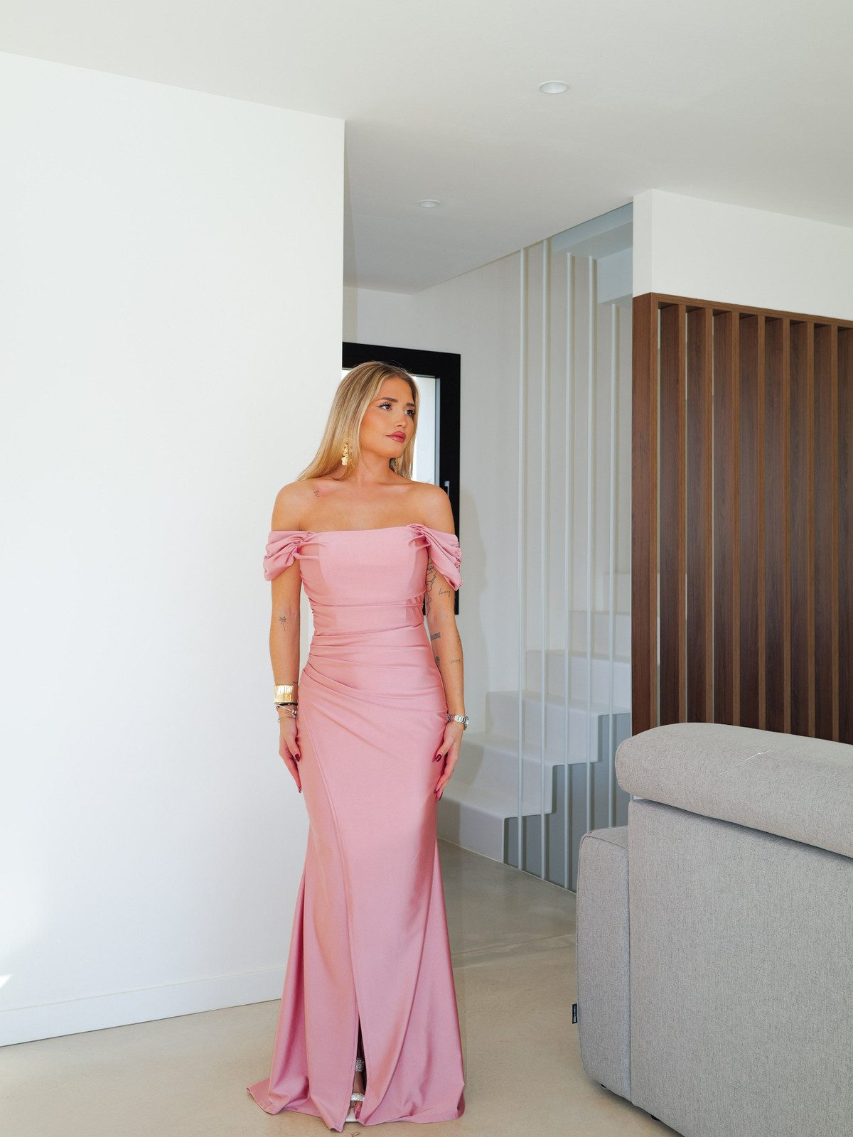Pale Pink Off-the-Shoulder Satin Dress with Ruched Detailing Pale Pink Off-the-Shoulder Satin Dress with Ruched Detailing — Graduation Party Outfits 2027