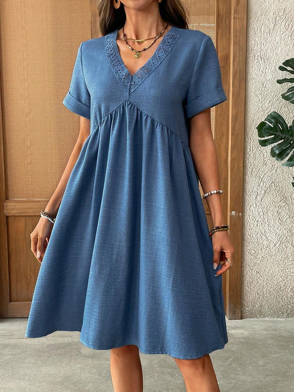 Denim Blue Babydoll Sundress with Lace Trim Denim Blue Babydoll Sundress with Lace Trim — Sundress Outfits 2027