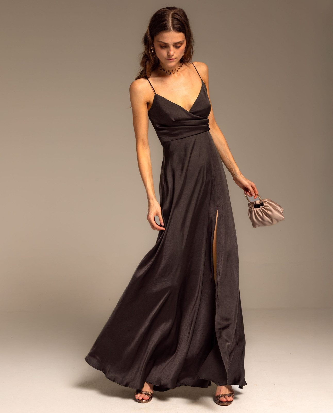 Charcoal Grey Satin Dress with Spaghetti Straps and High Slit Charcoal Grey Satin Dress with Spaghetti Straps and High Slit — Satin Prom Dresses 2027