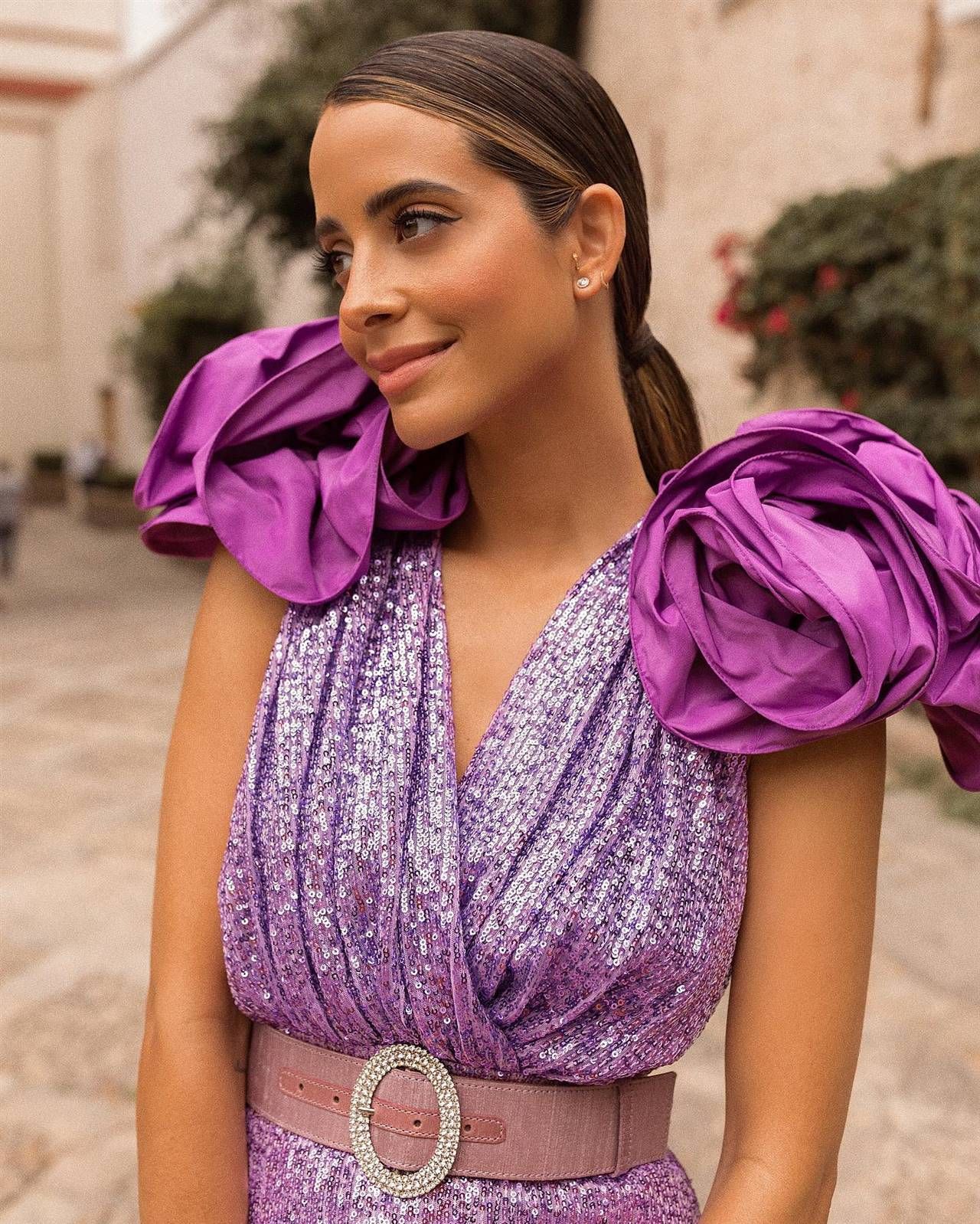 Purple Sequined Mini Dress with Oversized Floral Shoulders Purple Sequined Mini Dress with Oversized Floral Shoulders — Wedding Guest Outfits 2027