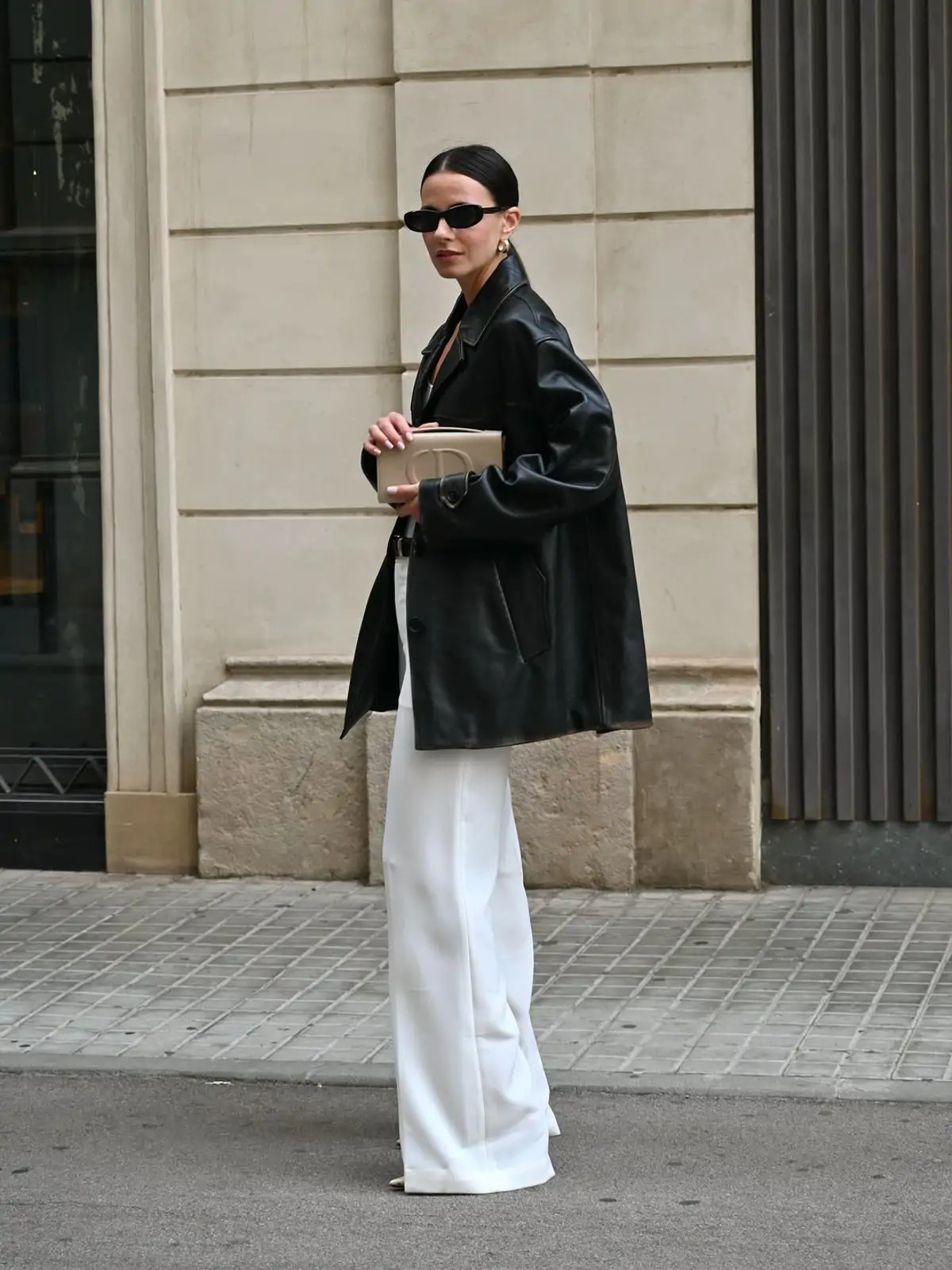 Chic Monochrome: Oversized Leather Blazer and White Linen Chic Monochrome: Oversized Leather Blazer and White Linen — Spring Europe Outfits 2027
