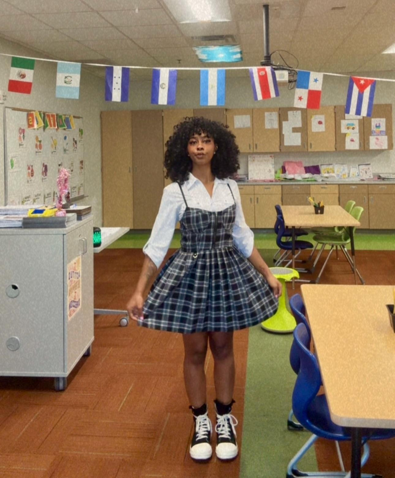 Plaid Pinafore Dress with White Shirt — Casual Teacher Outfits 2027