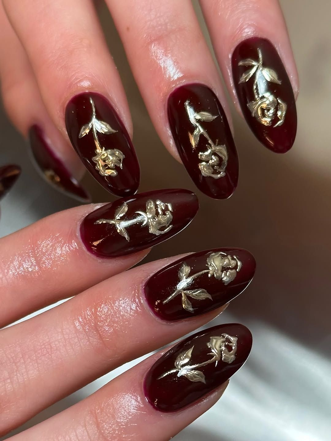 Gold Rose Motif On All Nails Visual Idea Gold Rose Motif On All Nails Visual Idea — Winter Red Nails 2027