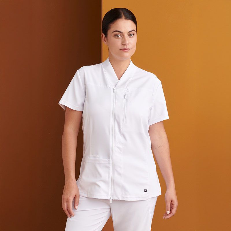 White Zip-Front Scrub Jacket with Unique Collar — Nurse Outfits 2027