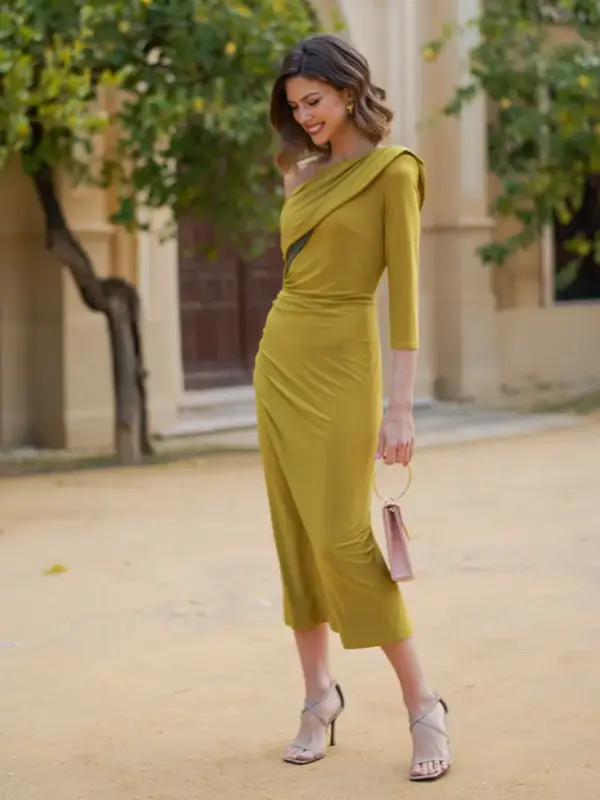 Olive Green One-Shoulder Draped Dress with Ruched Skirt Olive Green One-Shoulder Draped Dress with Ruched Skirt — Wedding Guest Outfits Cocktail 2027
