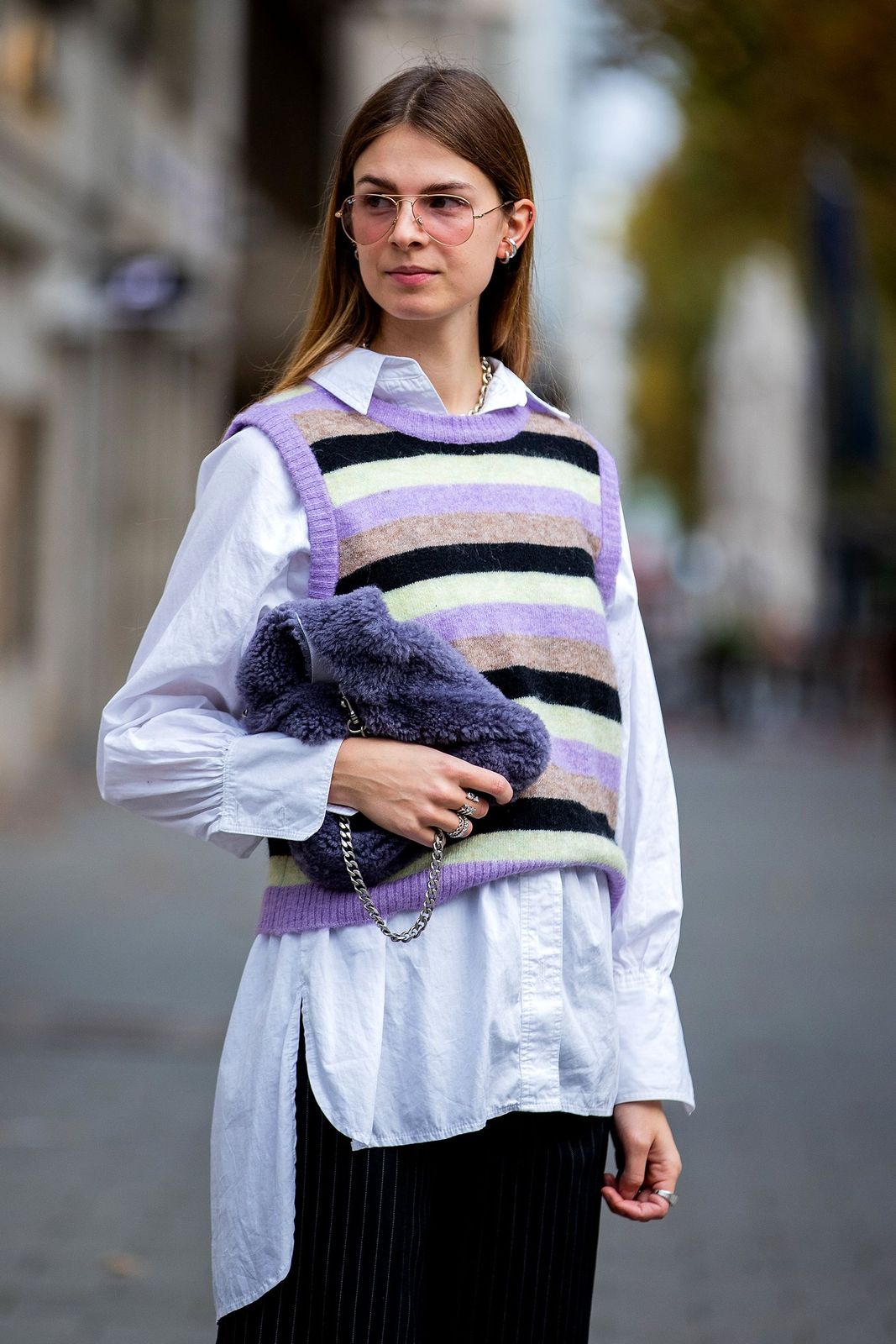 Striped Knit Vest with Faux Fur Clutch Striped Knit Vest with Faux Fur Clutch — Vest Outfits 2027