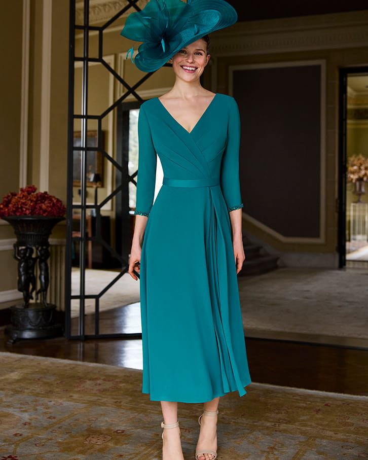 Teal Wrap Dress with Embellished Cuffs and Fascinator Teal Wrap Dress with Embellished Cuffs and Fascinator — Church Dresses 2027