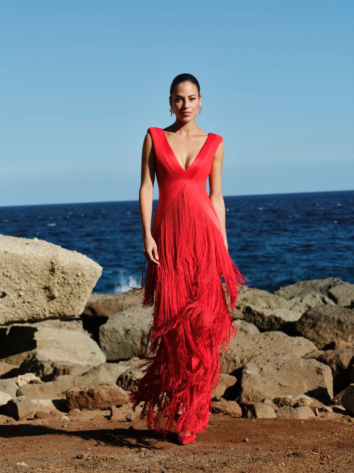 Dramatic Red Fringed Maxi Dress with Plunging Neckline Dramatic Red Fringed Maxi Dress with Plunging Neckline — Party Outfits 2027