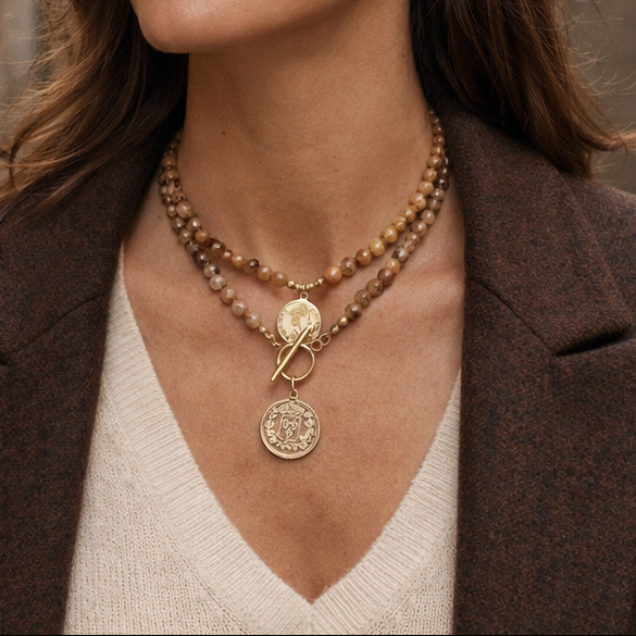 Brown Blazer and Cream Knit Sweater with Layered Coin Pendants Brown Blazer and Cream Knit Sweater with Layered Coin Pendants — Locket Necklaces 2027