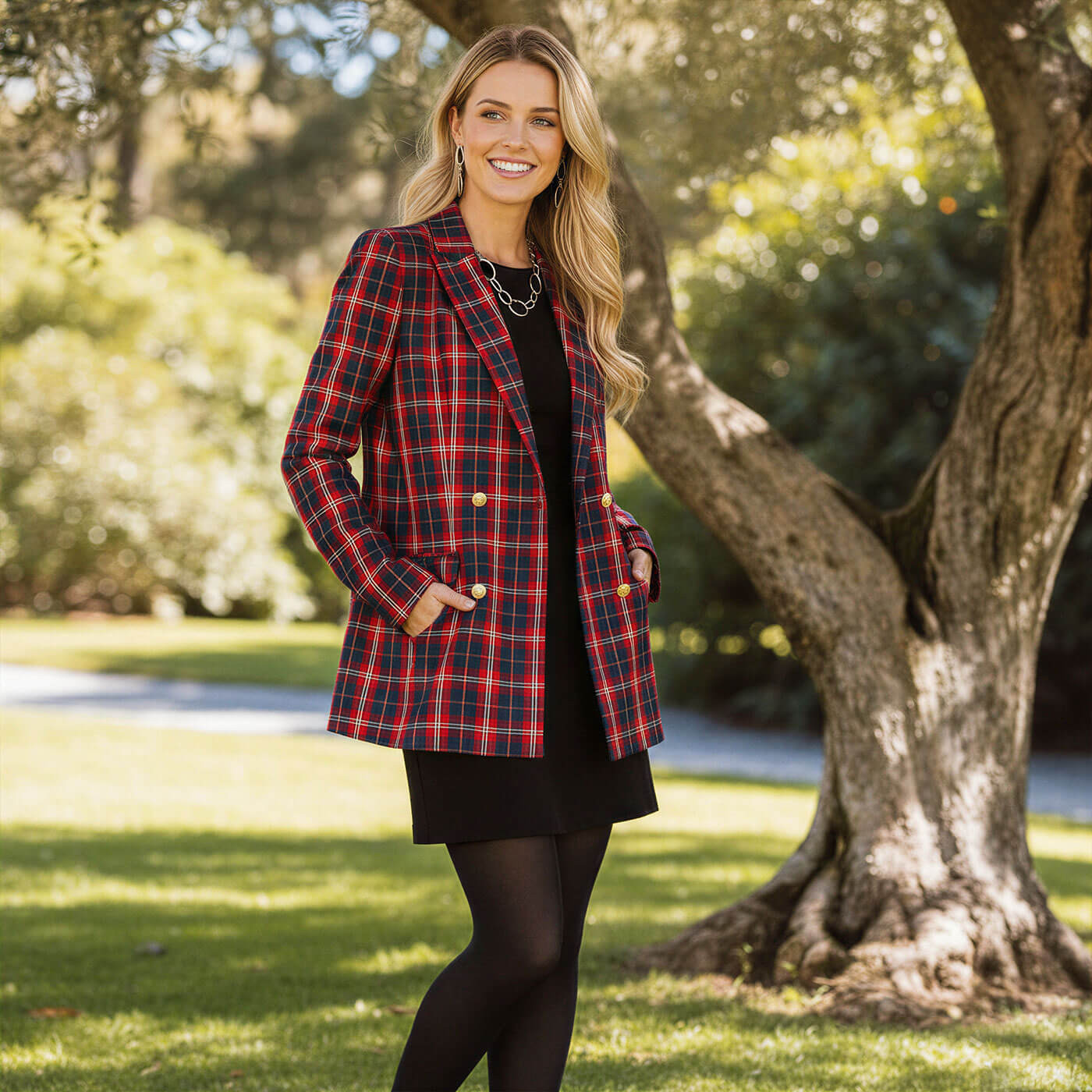 Plaid Double-Breasted Blazer over a Black Shift Dress Plaid Double-Breasted Blazer over a Black Shift Dress — Spring Teacher Outfits 2027