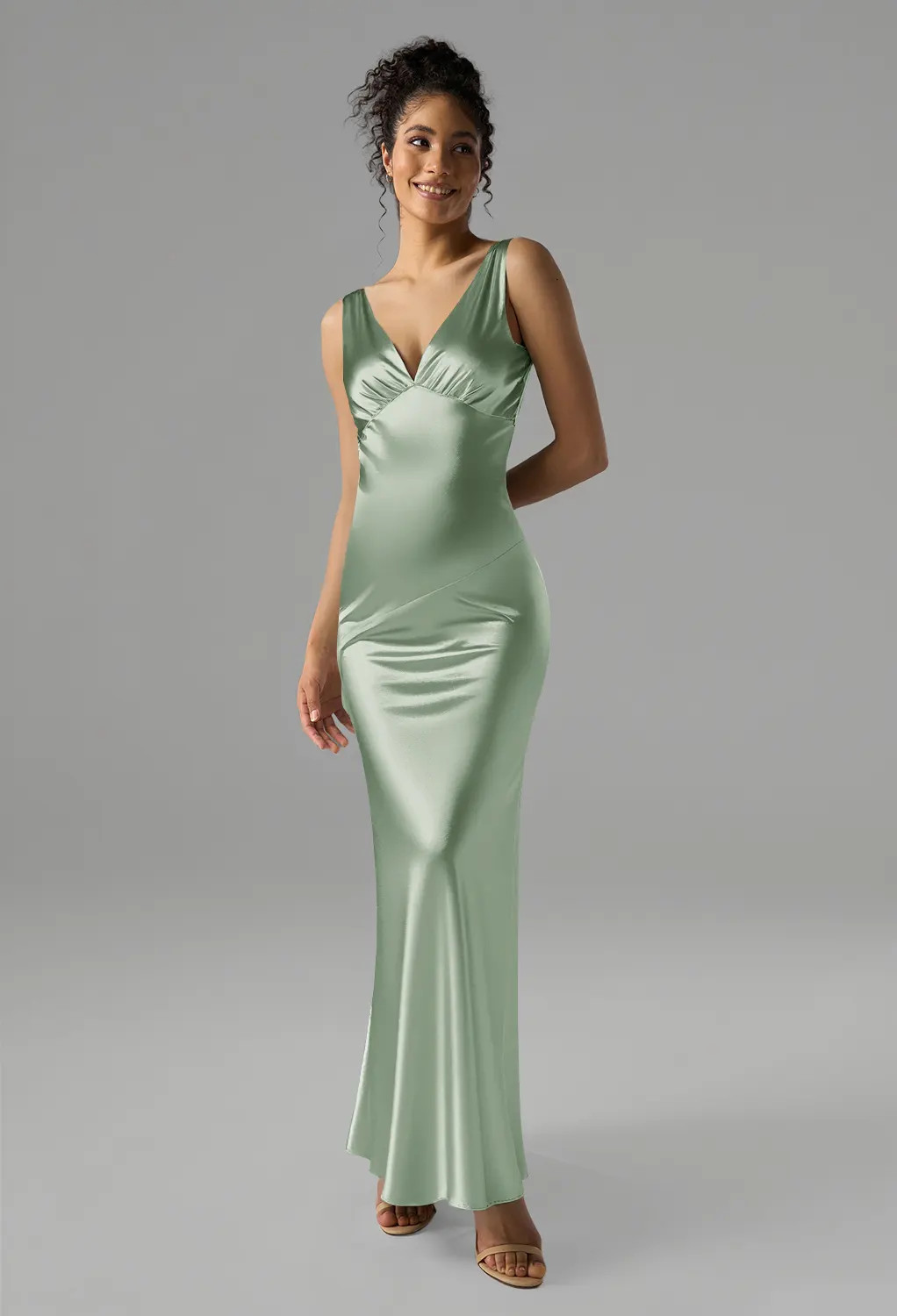 Sage Green Satin Slip Dress with Deep V-Neckline — Satin Bridesmaid Dresses 2027