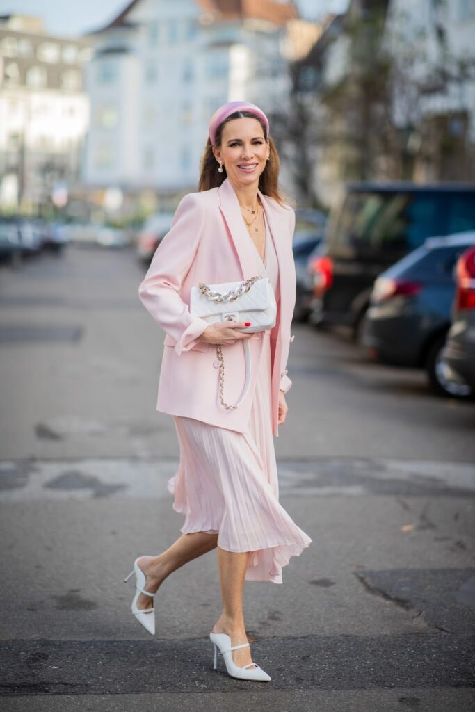 Chic Blush Blazer and Pleated Dress Combination — Blush Outfits 2027