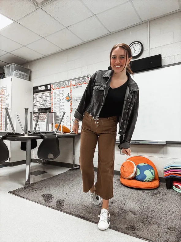 Charcoal Denim Jacket Black T-Shirt Outfit Idea — Teacher Outfits 2027