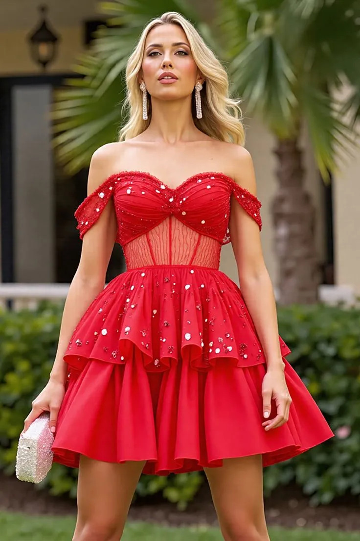 Red Beaded Corset Dress with Short Tiered Ruffled Skirt Red Beaded Corset Dress with Short Tiered Ruffled Skirt — Corset Prom Dresses 2027