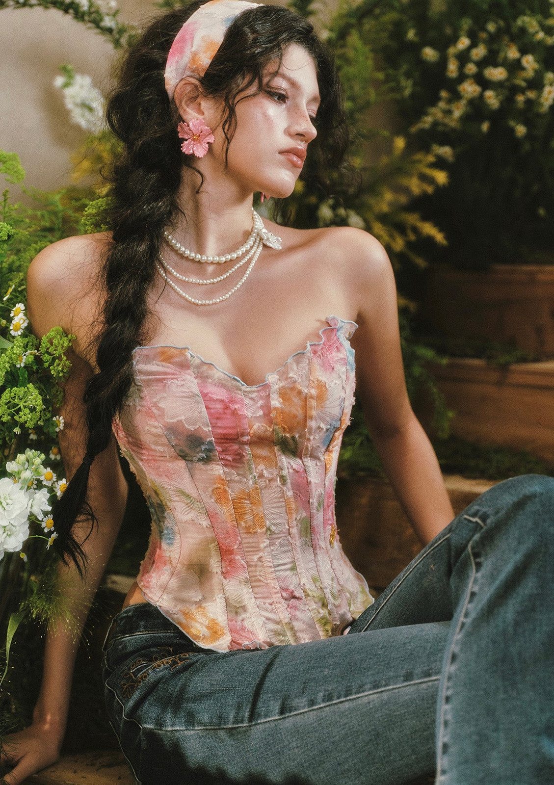 Artistic Flair: Sheer Floral Corset with Ruffled Hem Artistic Flair: Sheer Floral Corset with Ruffled Hem — Floral Corset Top Outfits 2027