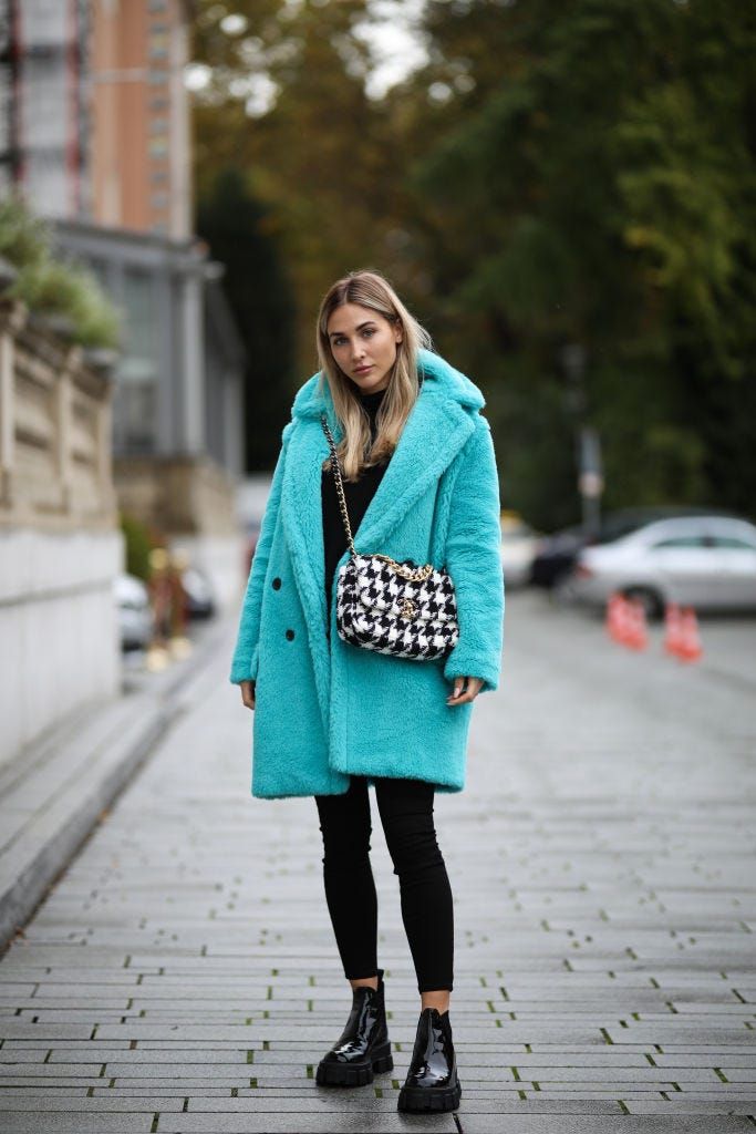 Vibrant Turquoise Teddy Coat with Black Skinny Pants — Teddy Coat Outfits 2027