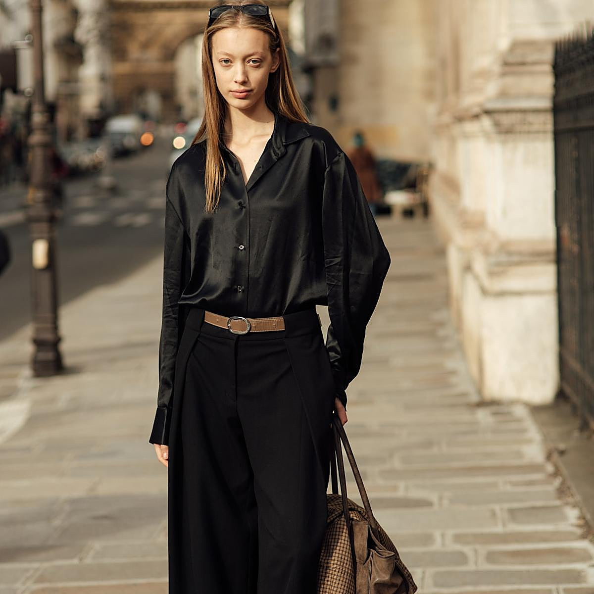 Satin Shirt with Wide-Leg Black Trousers for Sophistication Satin Shirt with Wide-Leg Black Trousers for Sophistication — Spring Trouser Outfits 2027