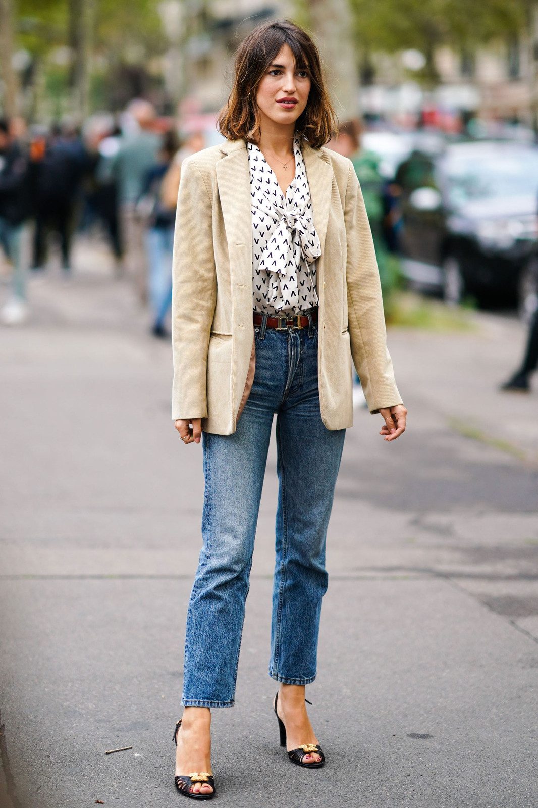 Medium Blue Straight Leg Jeans with Corduroy Blazer and Printed Blouse Medium Blue Straight Leg Jeans with Corduroy Blazer and Printed Blouse — Straight Leg Jeans 2027