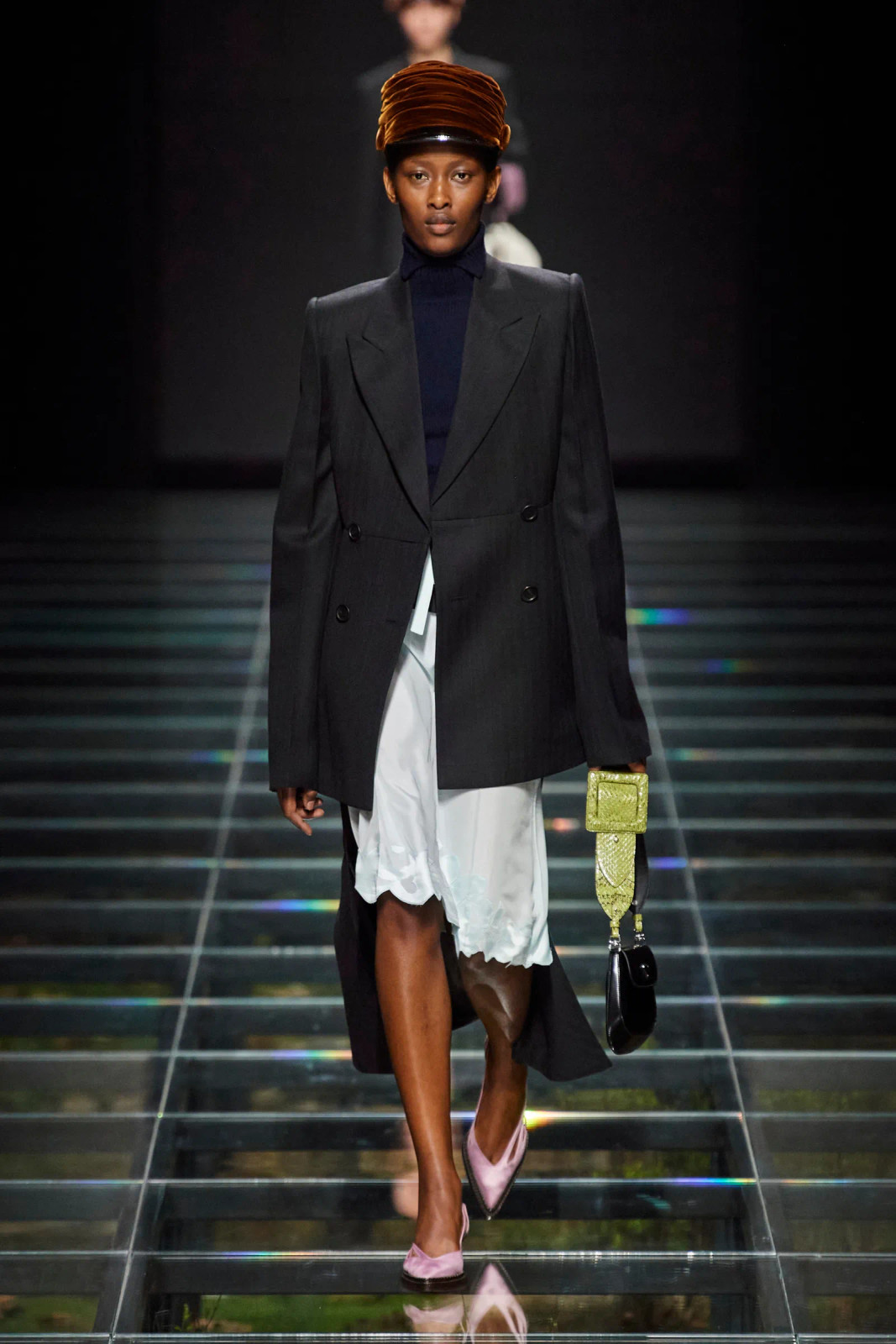 Light Blue Slip Skirt Under Navy Turtleneck with Oversized Blazer — Slip Skirt Outfits 2027