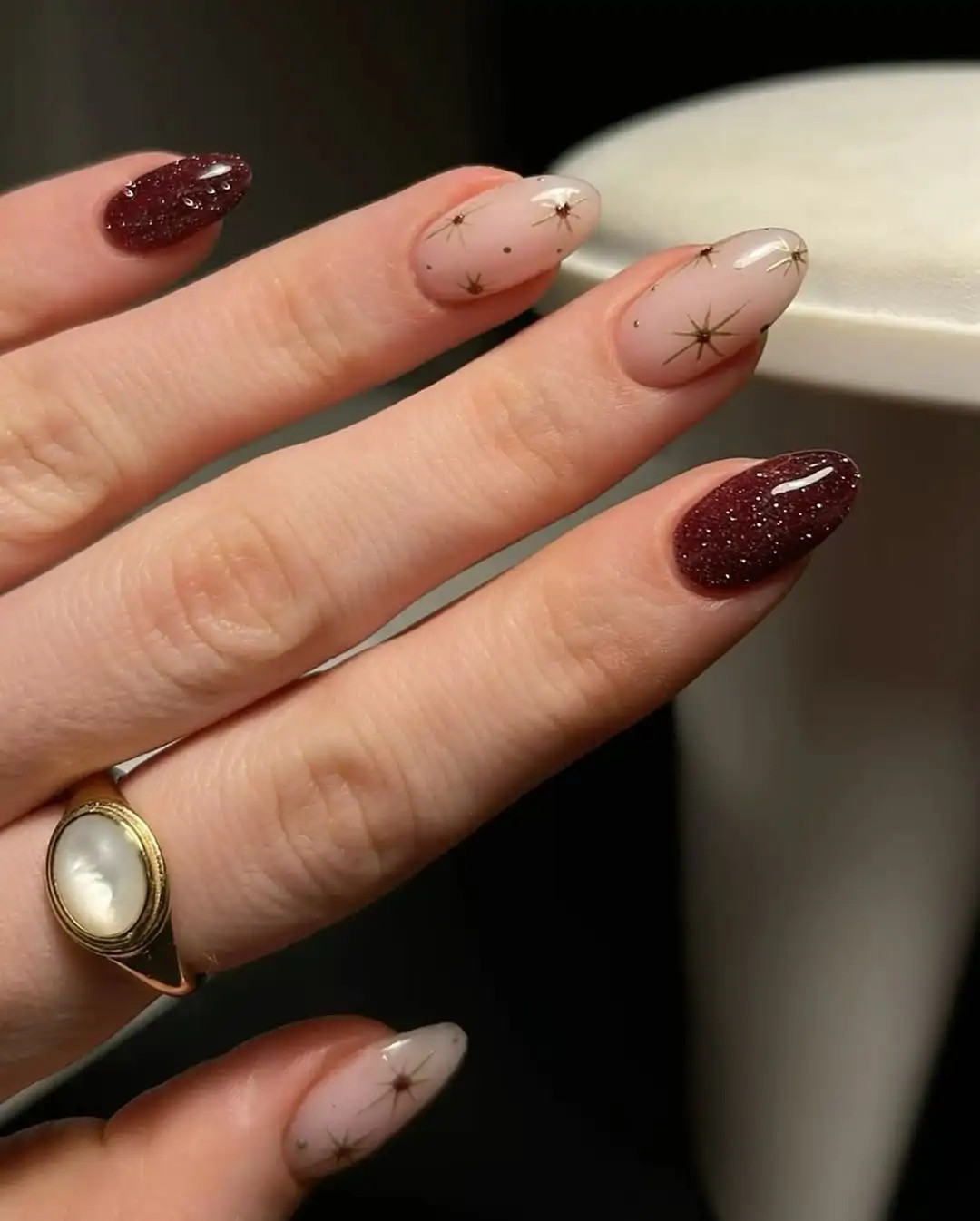 Deep Burgundy Glitter with Starburst Accents — Birthday Nails 2027