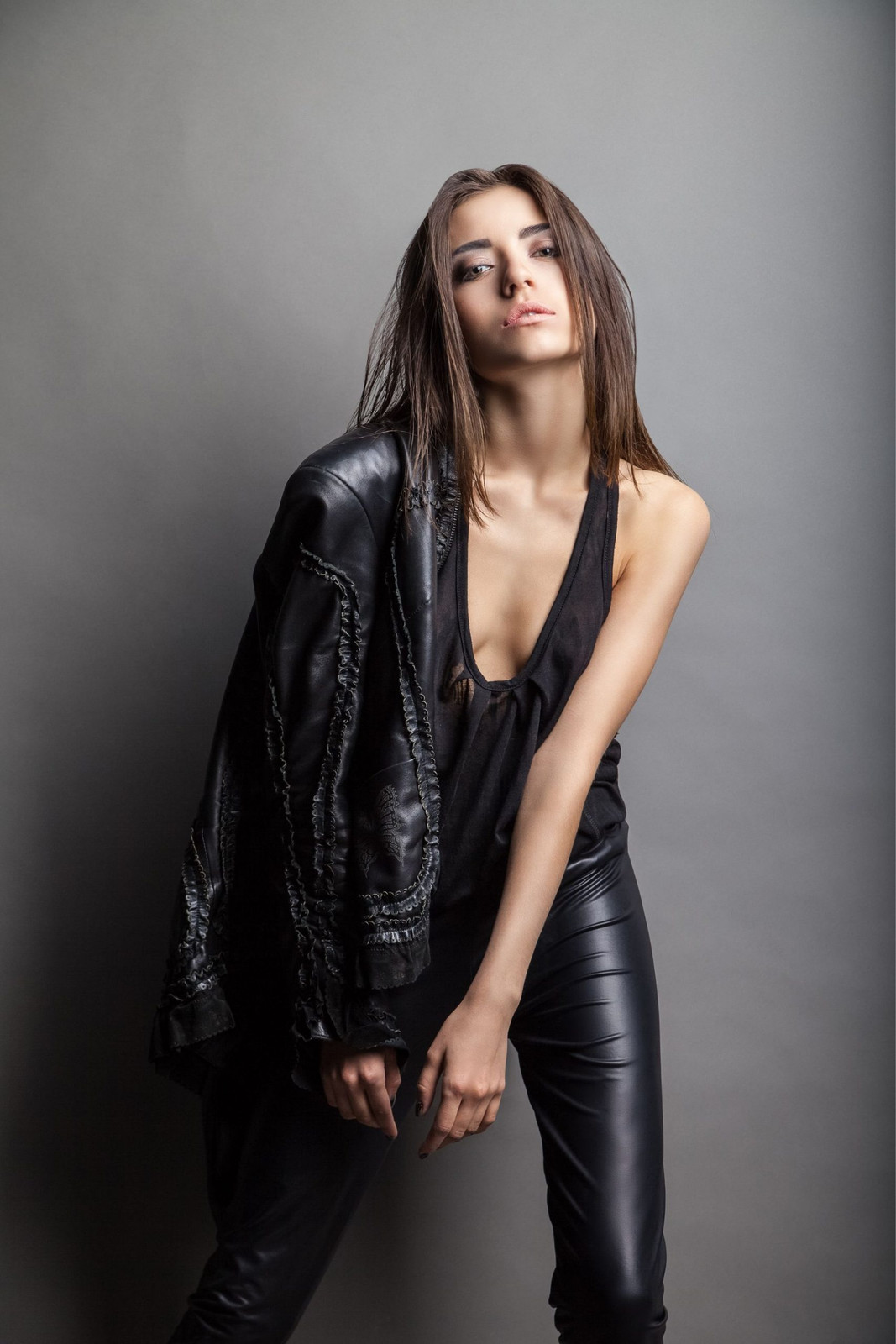 Monochromatic Edge: Sheer Top and Leather Trousers Monochromatic Edge: Sheer Top and Leather Trousers — Rockstar Girlfriend Outfits 2027