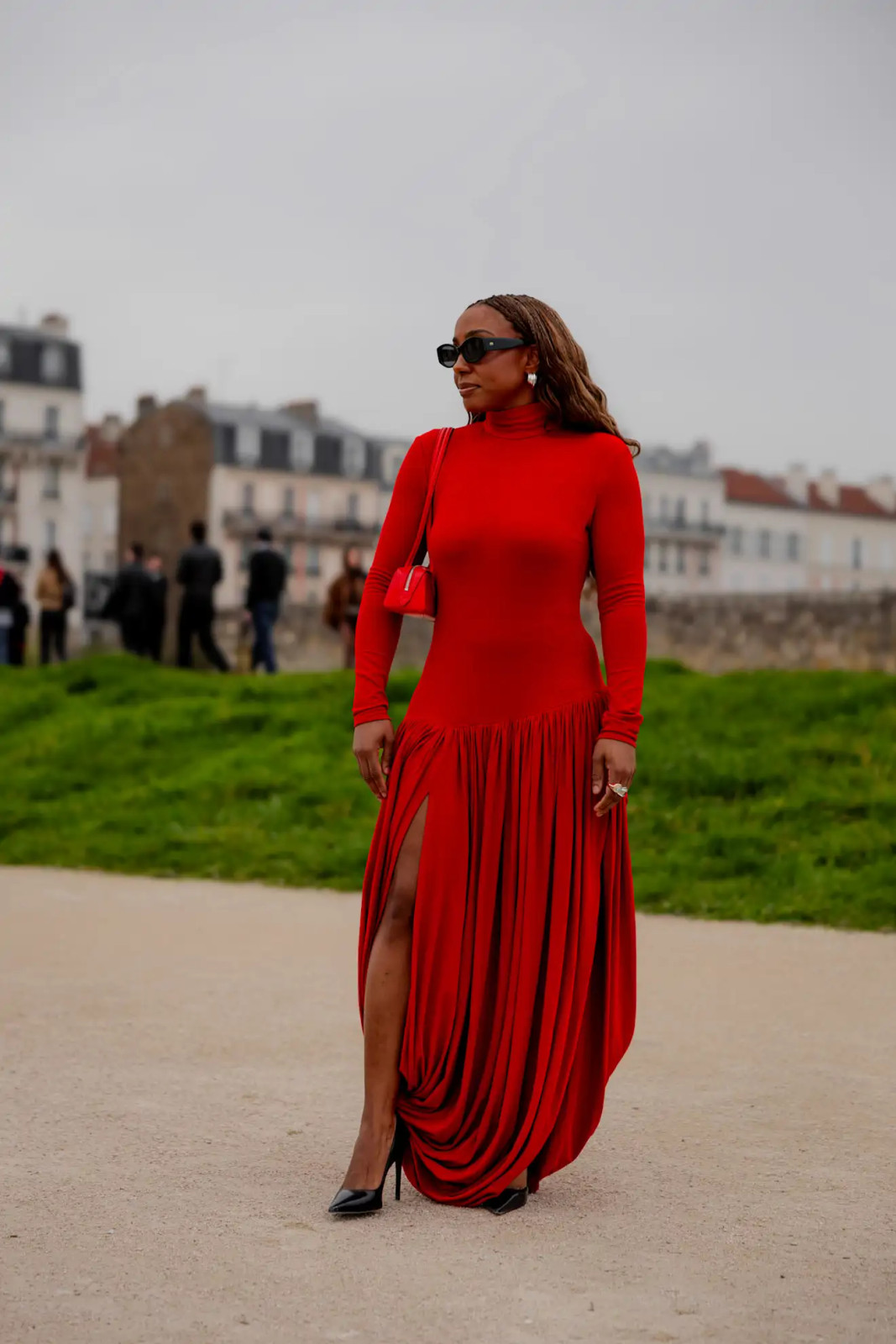 Vibrant Red Draped Jersey Dress with High Slit for a Bold Valentine's Statement — Red Valentines Outfits 2027