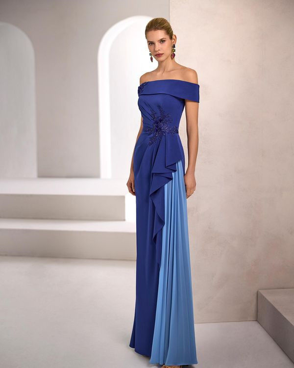 Royal Blue Off-the-Shoulder Gown with Ruffled Chiffon Panel Royal Blue Off-the-Shoulder Gown with Ruffled Chiffon Panel — Wedding Guest Outfits Cocktail 2027