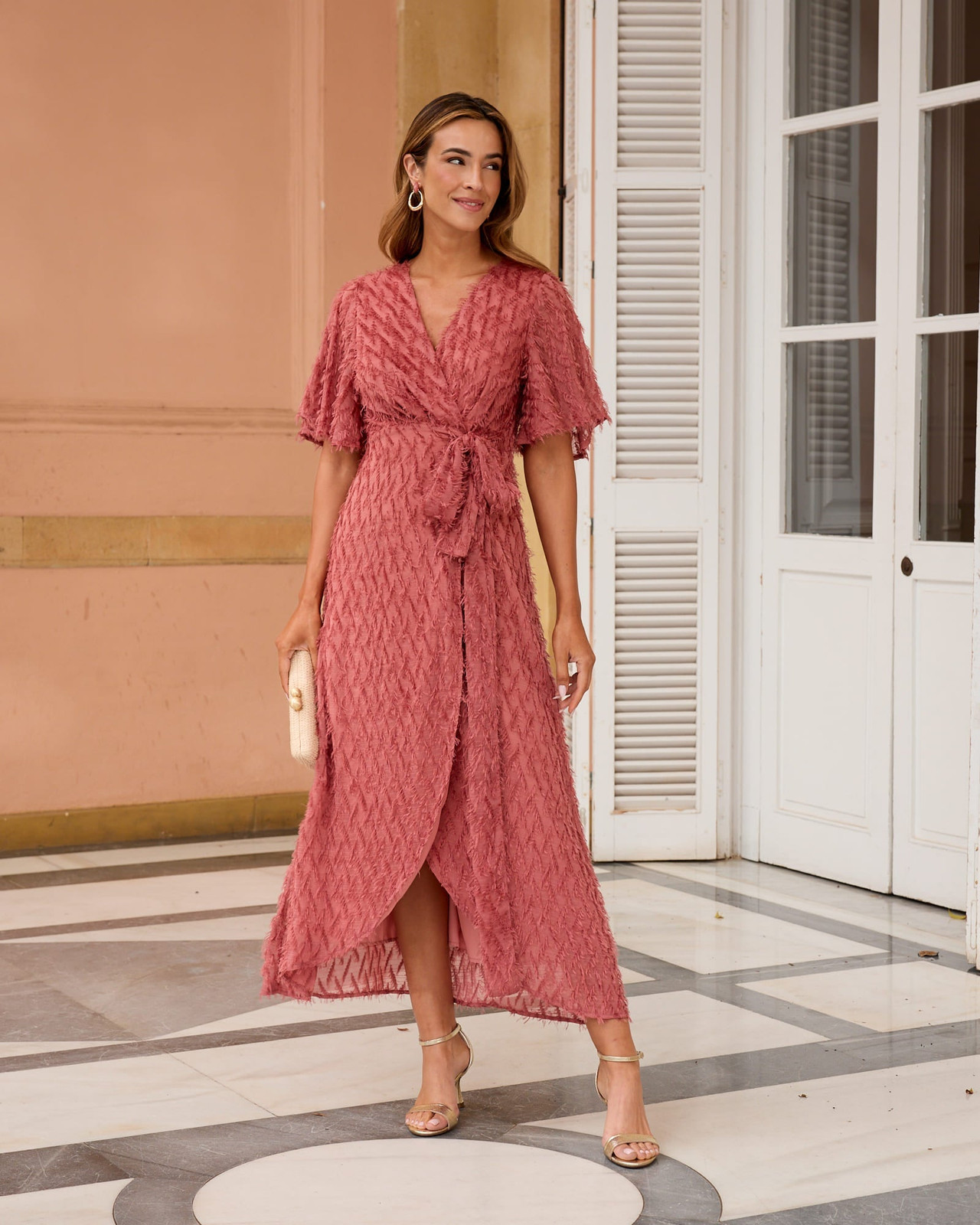 Rose Pink Textured Wrap Dress with Flutter Sleeves Rose Pink Textured Wrap Dress with Flutter Sleeves — Mothers Day Church Outfits 2027