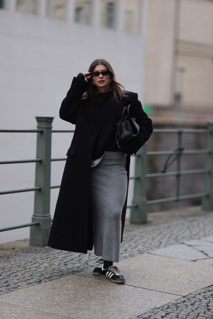 Long Black Wool Coat Over Grey Knit Skirt Long Black Wool Coat Over Grey Knit Skirt — Winter Casual Outfits 2027