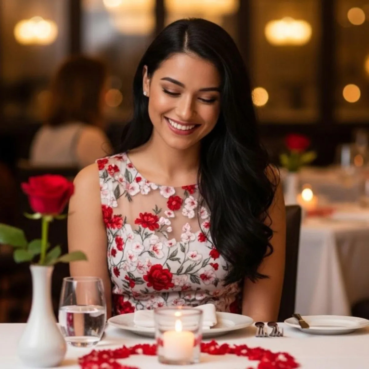 Elegant White Dress with Floral Overlay and Heart Bag — Casual Valentines Outfits 2027