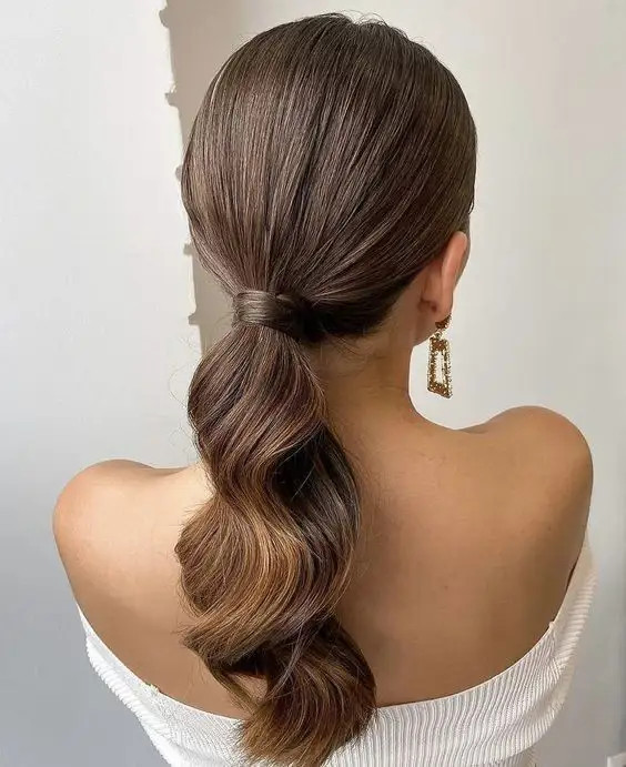 Low Dark Brown Pony With Caramel Wave Low Dark Brown Pony With Caramel Wave — Sleek Ponytail 2027