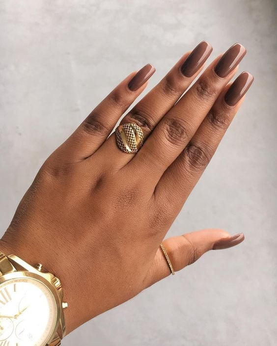 High-Gloss Medium Brown Long Square Nails — Nails 2027 for Brown Skin