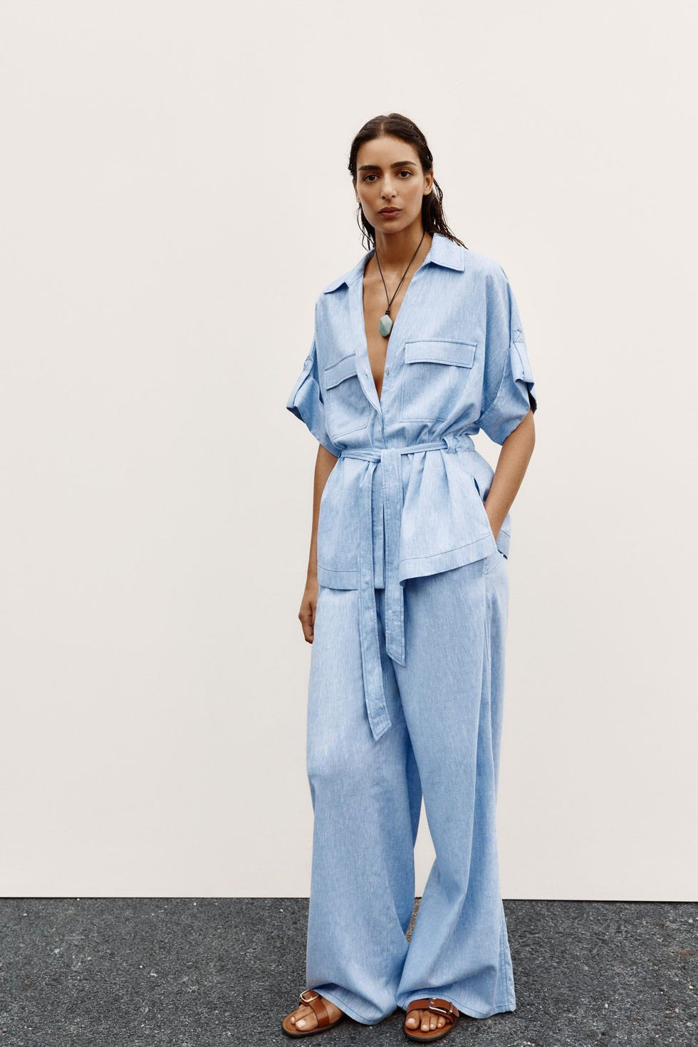 Belted Sky Blue Jumpsuit for Effortless Casual Style Belted Sky Blue Jumpsuit for Effortless Casual Style — Sky Blue Outfits 2027