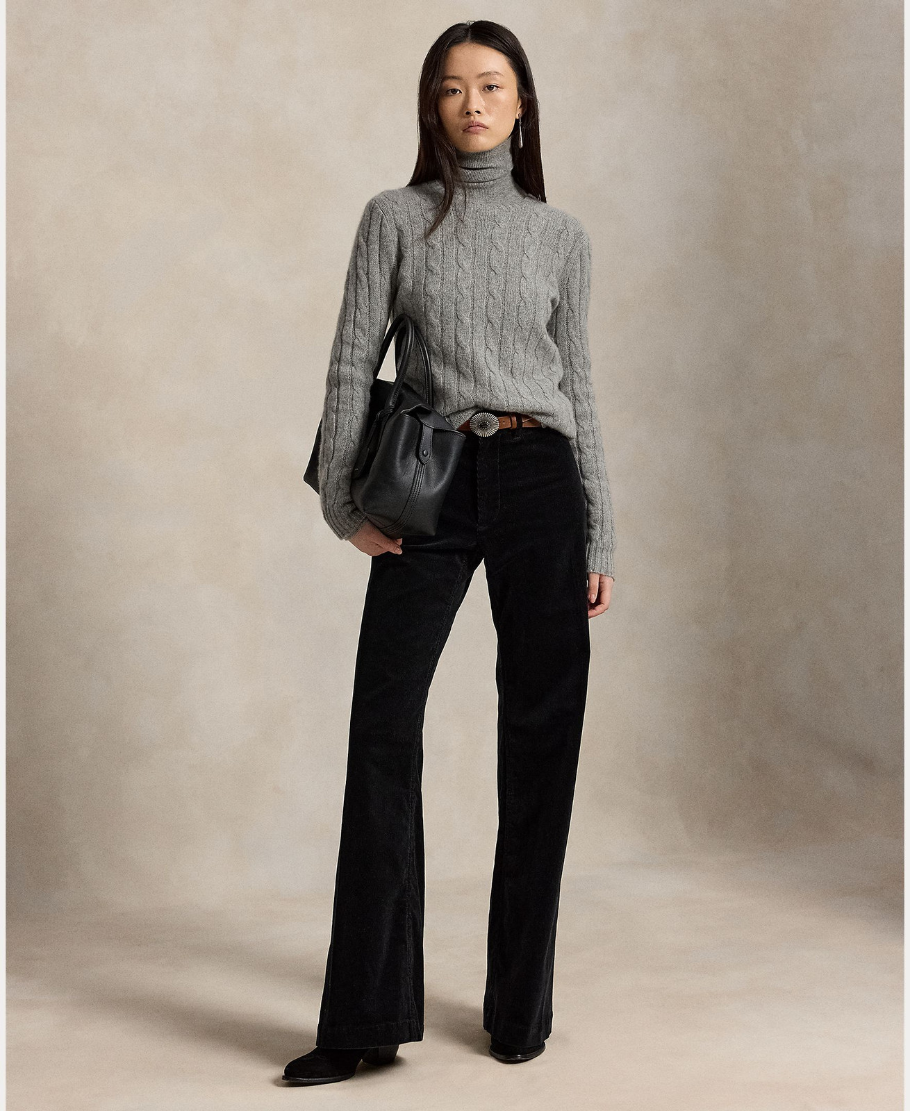 Chic Neutrals: Cable-Knit Sweater with Black Corduroy Trousers — Nice Outfits 2027