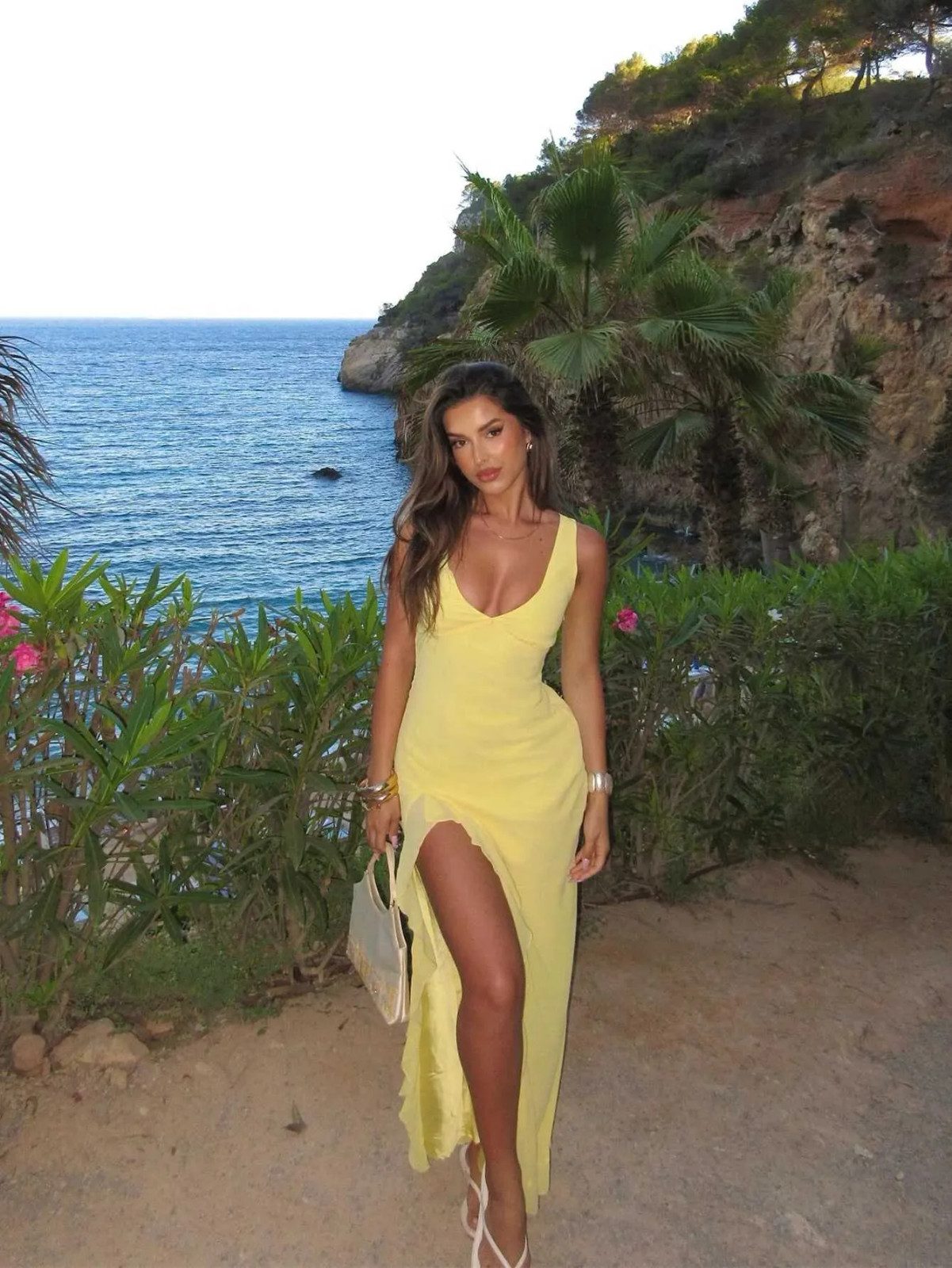 Yellow Maxi Dress with High Slit and Sandals — Summer Country Concert Outfits 2027