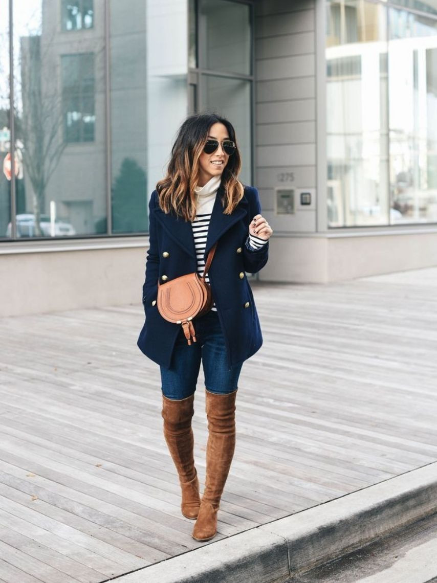Navy Pea Coat with Tan Over-the-Knee Boots Navy Pea Coat with Tan Over-the-Knee Boots — Winter Navy Outfits 2027