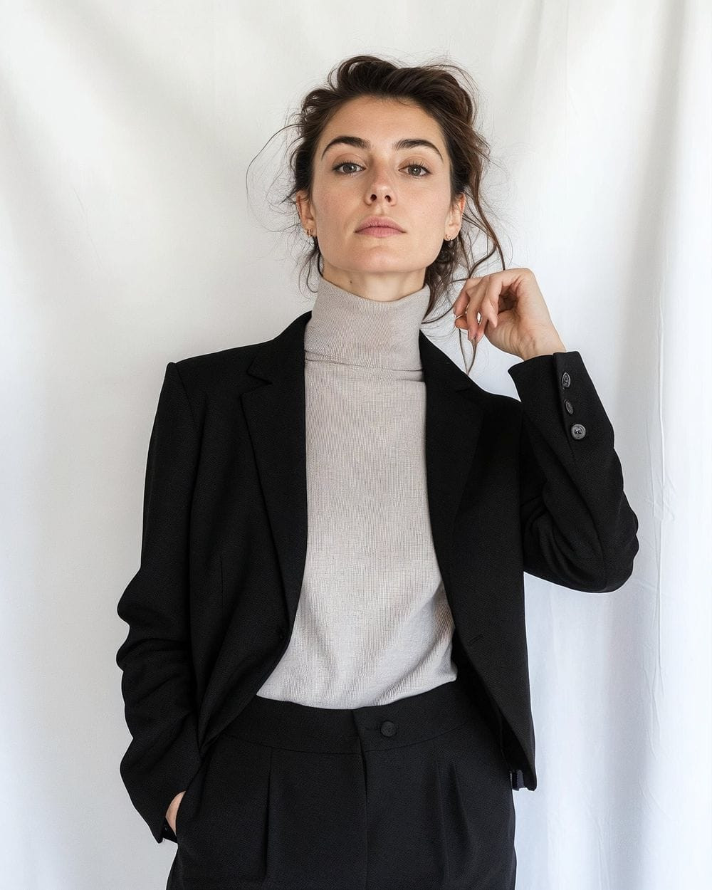 Black Blazer Over Light Beige Turtleneck with Black Trousers Black Blazer Over Light Beige Turtleneck with Black Trousers — Turtleneck Sweater Outfits 2027