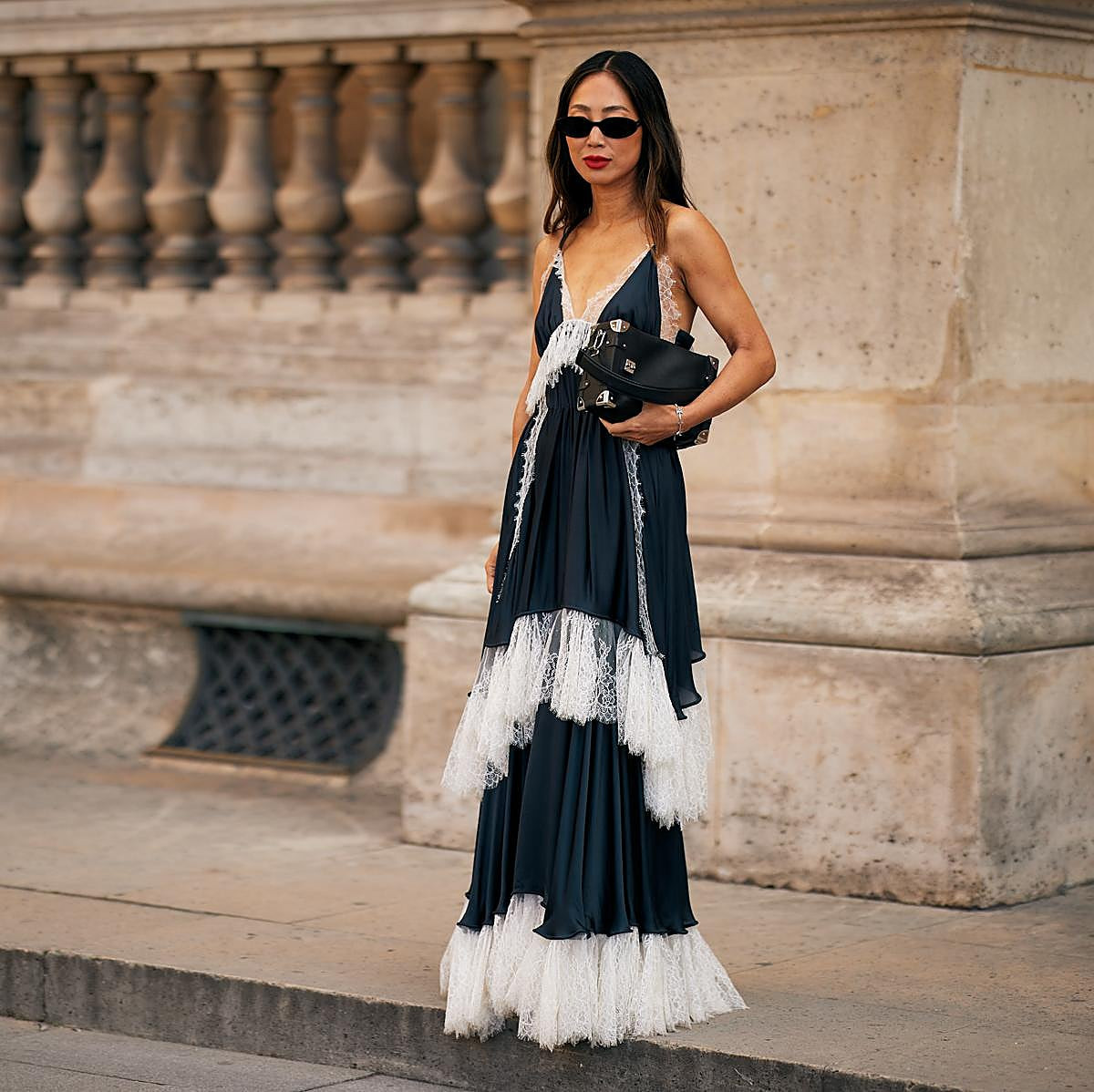 Navy Satin Maxi Dress With White Lace Trim Navy Satin Maxi Dress With White Lace Trim — Sneakers 2027 with Dress Outfits