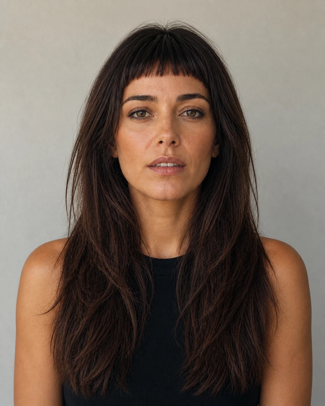 Layers Mid-Back Layered Dark Brown With Choppy Baby Bangs Layers Mid-Back Layered Dark Brown With Choppy Baby Bangs — Baby Bangs 2027