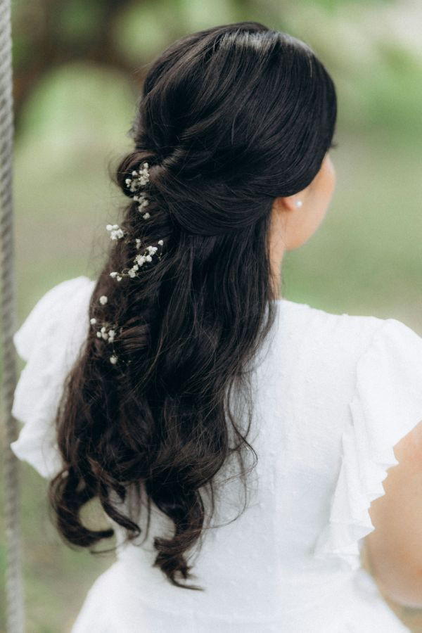 Dark Brown Half-Up With Flowers — Prom Hairstyles 2027