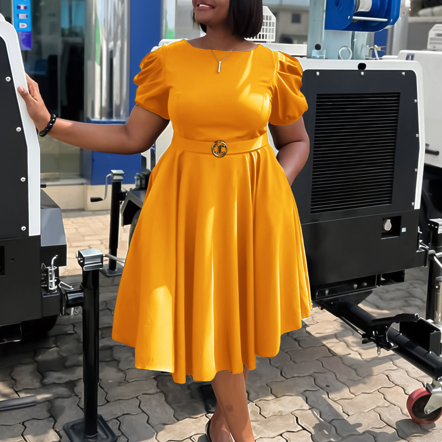 Yellow Puff Sleeve Midi Dress with Belt Yellow Puff Sleeve Midi Dress with Belt — Modest Dresses 2027