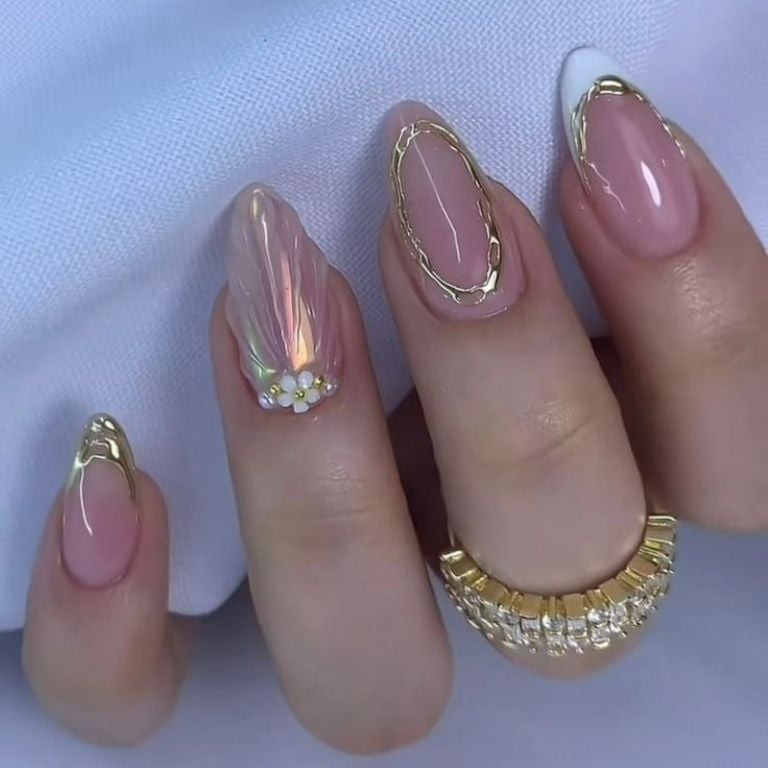 Pink French with Gold Line and Floral Accent Pink French with Gold Line and Floral Accent — Graduation Nails 2027